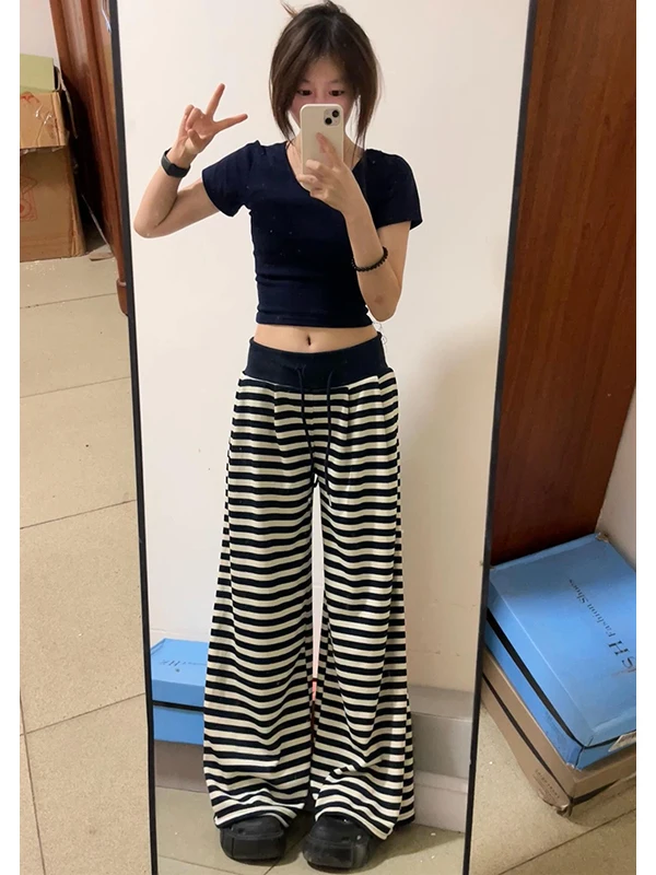 ハイウエストワイドレッグパンツ レディース カジュアルパンツ ストライプカラー ブロードレープ 秋ファション スリミング ロングストライプパンツ