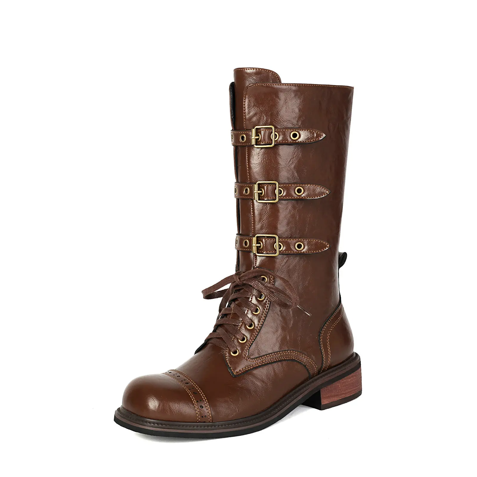 

Женские армейские ботинки до середины икры, регулируемые ремни, пряжки на шнуровке, обувь на массивном низком каблуке, осенние мотоботильоны