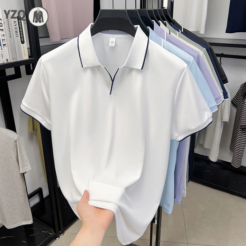 Business daily mens lapel polo t shirt edge line trim ice silk sweat resistant cool lightweight summer basic wear clothing