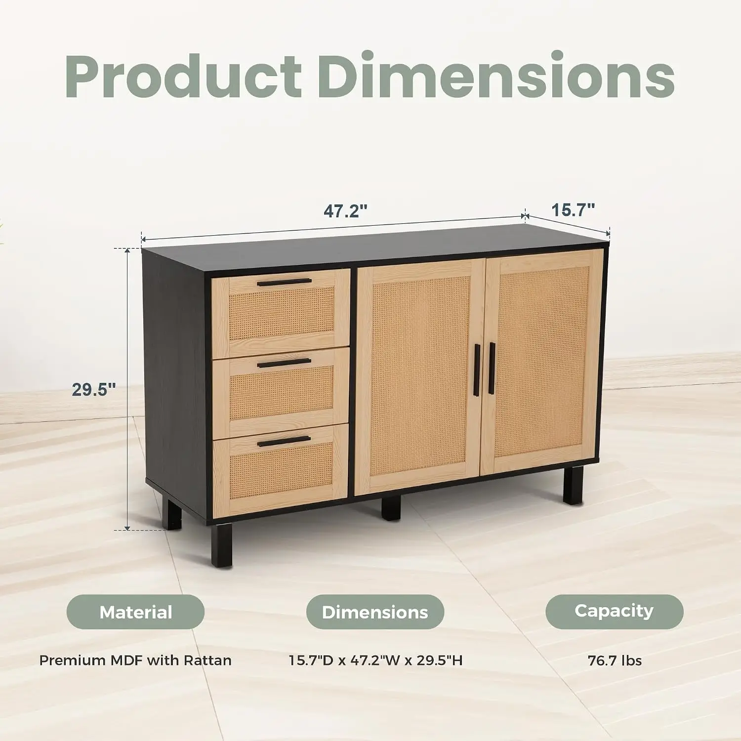 Black Rattan Cabinet with Doors & Drawers, 2 Door Buffet Sideboard Storage for Living Room, Customized
