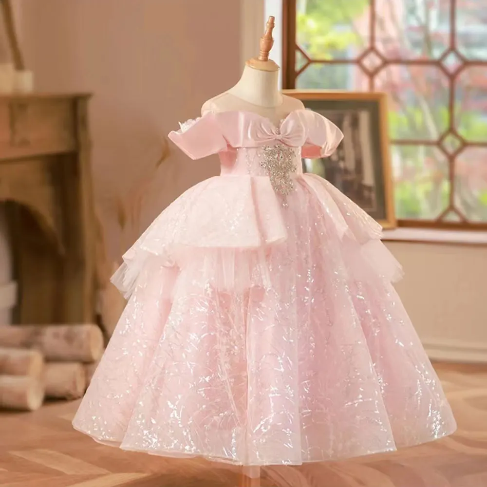 

Ball Gown Fluffy Pink Flower Girl Dress for Wedding Sheer Neck Lace Up Princess Birthday Party Gown Kid Size 9M-14Y Photoshoot