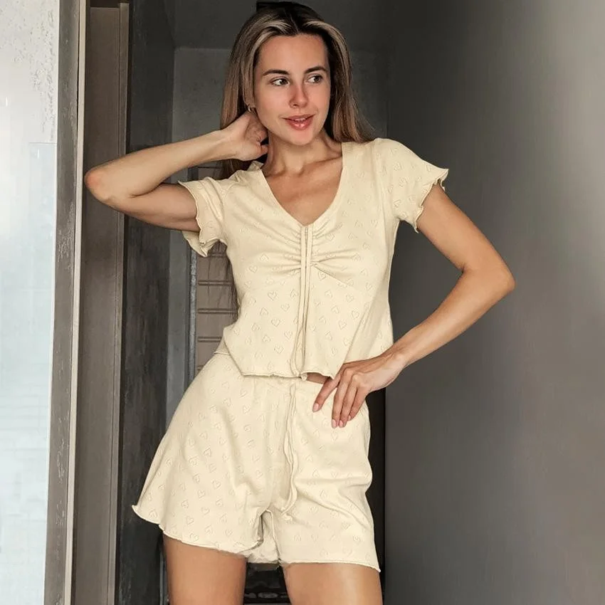 

Комплект из топа и рта Dstring, домашняя одежда ort Sve V-Ne, однотонный, повседневный, удобный, дышащий, осенний, тонкий