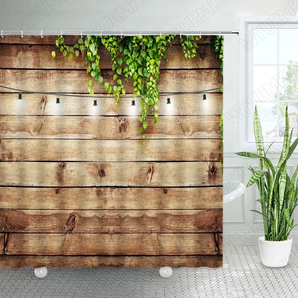 Vintage Wooden Board Shower Curtains Retro Brick Wall Street Lights Farm Barn Door Green Leaves Plant Fabric Home Bathroom Decor