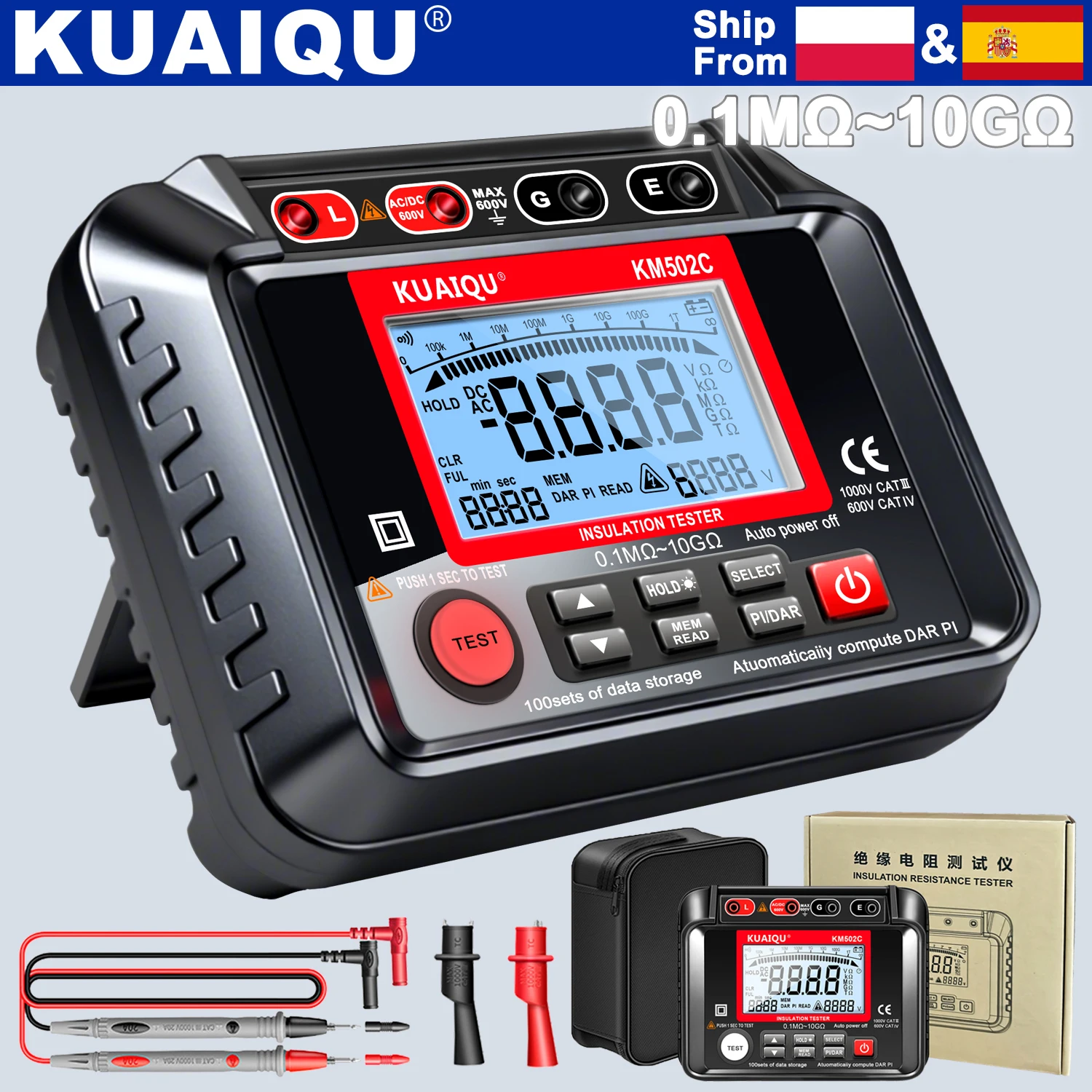 Image of KUAIQU KM502C 0,1MΩ bis 10GΩ Isolationswiderstandsmessgerät Multifunktionales Digitales Messgerät AC/DC Spannung LCD Megohmmeter Prüfwerkzeug
