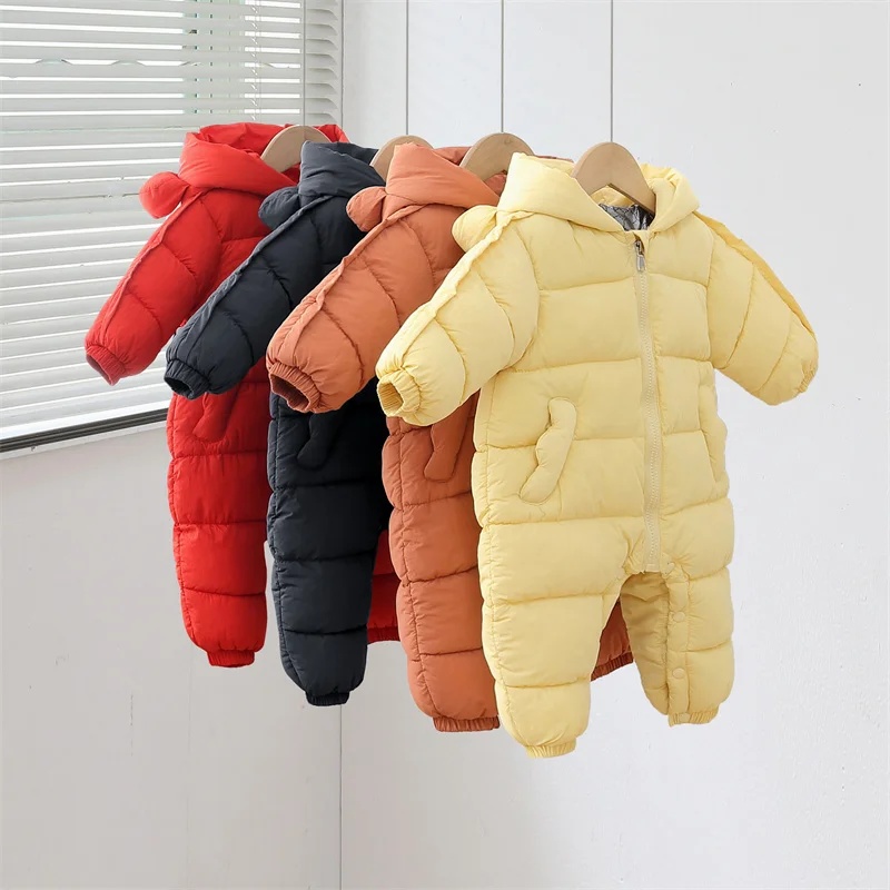 Winter Down Jumpsuits Children Thick Plush Warm Romper Infant Outdoor Hooded Windproof Overalls Newborn Daily Thermal Clothes