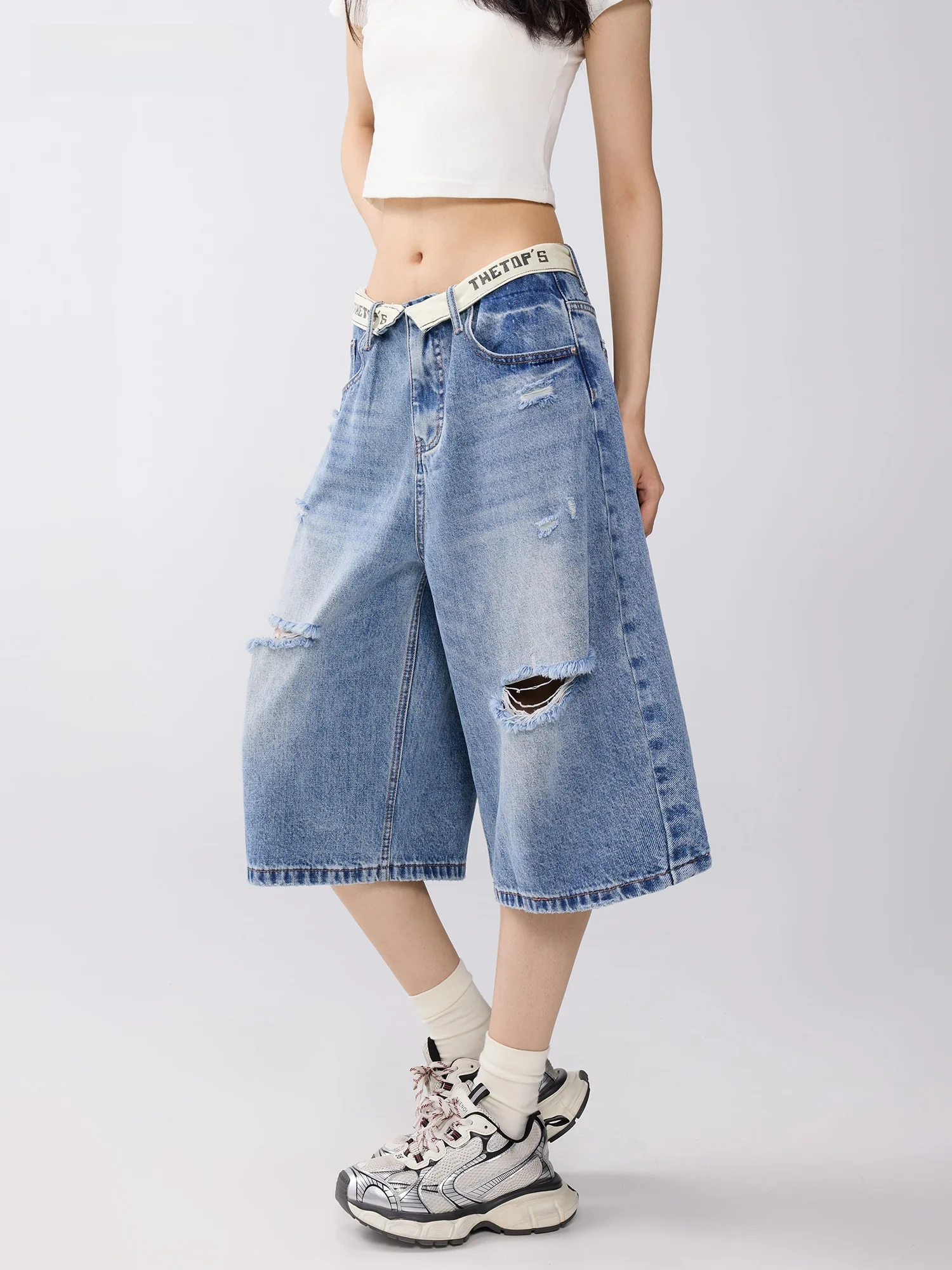 

Summer Denim Shorts Women's Thin Splice Waist Head Hole Knife Special Good Five Pants Casual Washed Wide Leg Natural Waist
