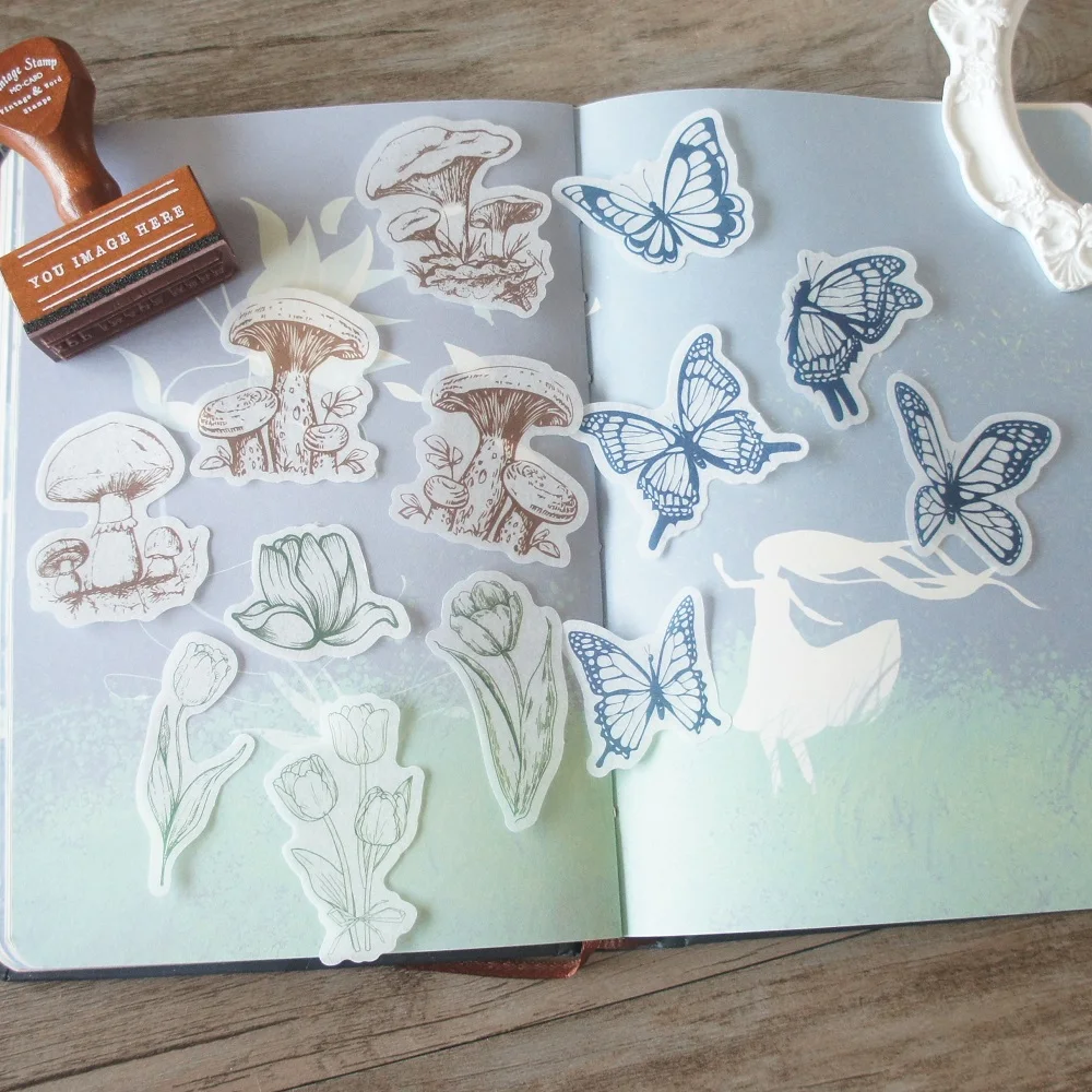 

33pcs Butterfly Wildflower Mushroom Stamp Print Paper Sticker Scrapbooking DIY Gift Packing Label Gift Decor Tag
