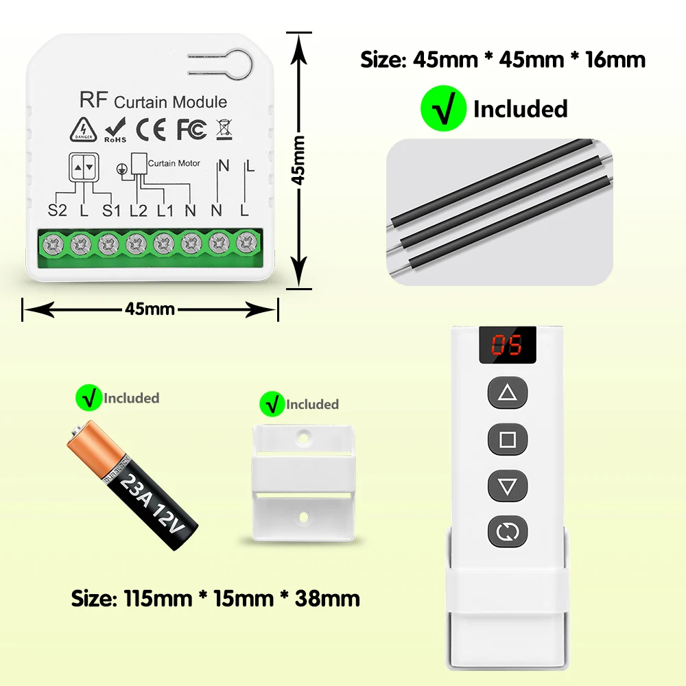 RF Curtain Switch Module 110V 220V 433MHz 5-in-1 Wireless Remote Control for Blind/Roller Shutter/Garage Door