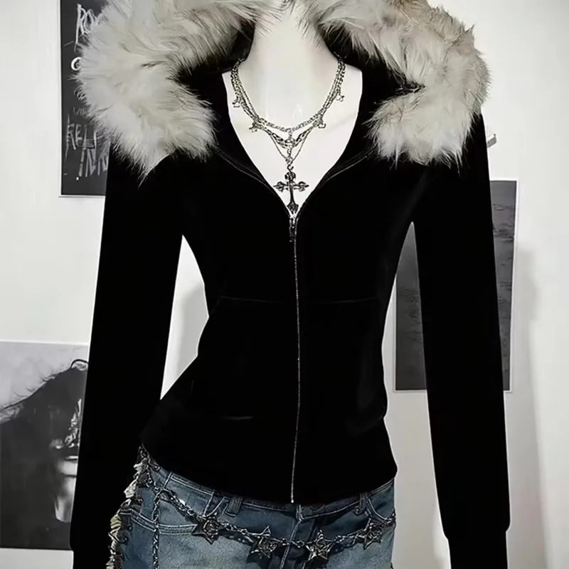 Women Fall Winter Velvet Y2K Gothic Zip Up Hooded Coat Faux Fur Collar Slim Fit Long Sleeve Street Trend