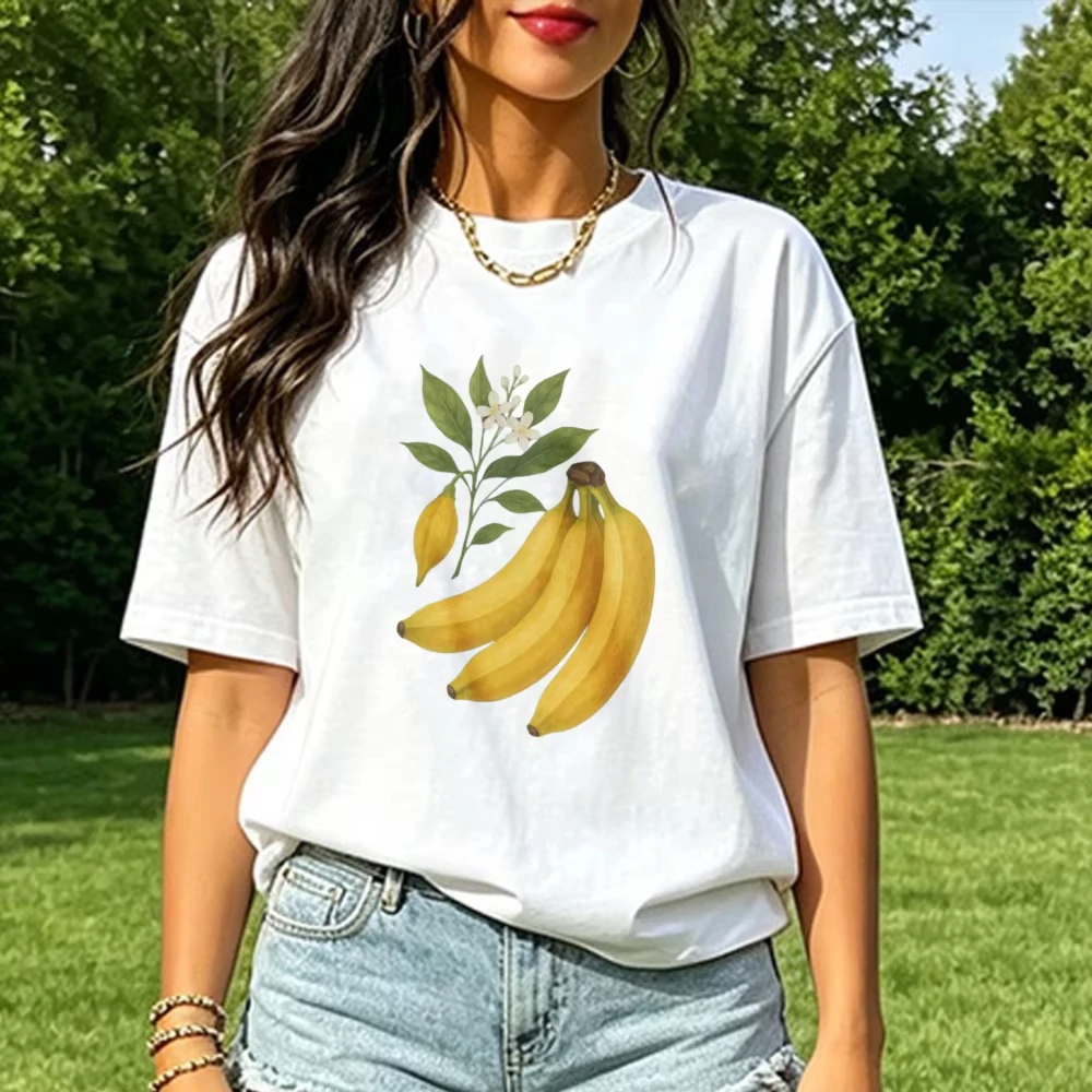 Vintage Banana Leaf Graphic White Tshirt Casual Art Fruit Botanical Floral Stem Pastel Drawi Printing Tshirt Beach Vacation Tops