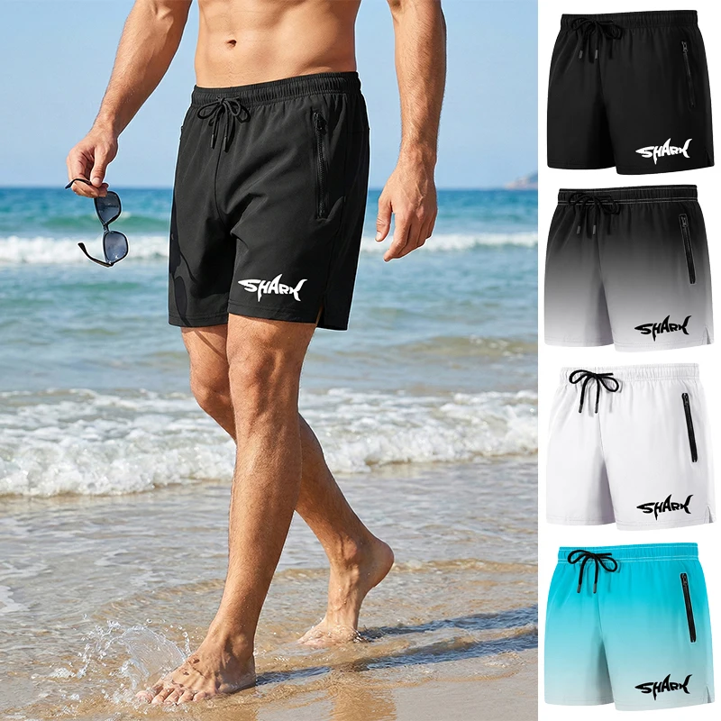 Shark Graphic Men's Board Shorts Summer Casual Beach Shorts with Mesh Liner Zipper Pockets Quick Dry Swim Trunks Bathing Suit