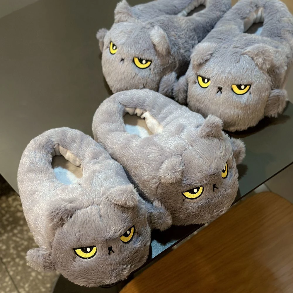 New angry kitten fuzzy slippers women\'s novelty floor shoes ladies winter cute cats slippers woman indoor warm home shoes 36-42