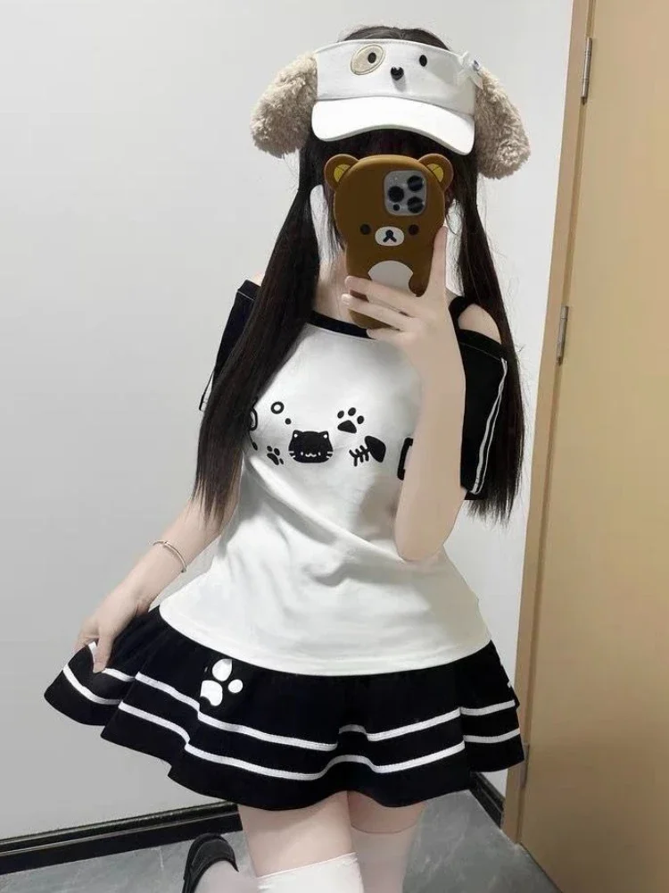 IMU Japanese Kawaii Subculture Style 2 Piece Set Women Cute Cat Print Short Sleeve Tops A-Line Mini Skirt Sweet Lolita Outfit Su