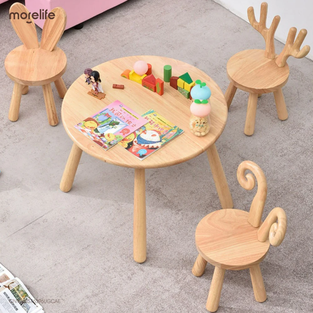 Children\'s Table Stool Wooden Stool Kindergarten Solid Wood Table and Chair Set Baby Writing Learning Game Toy Table Home Use