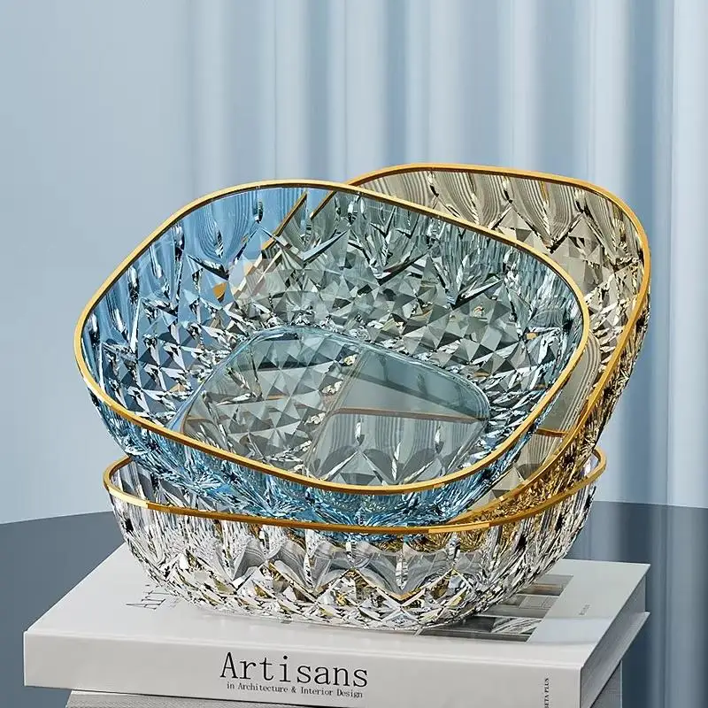 Crystal Fruit Bowl Shatter Resistant Gold Rim Diamond Cut Texture Large Capacity for Family Fruit Snack Storage Serving