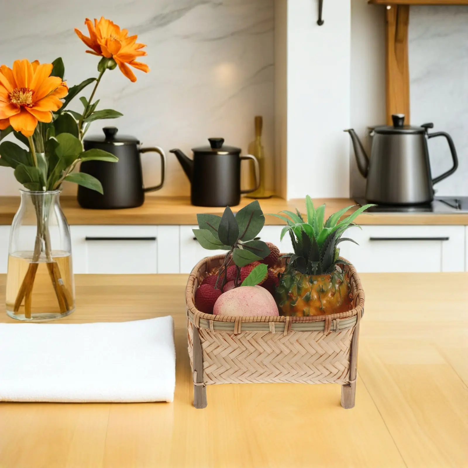 Bamboo Bread Basket Handwoven Short Legs Kitchen Counter Decorative Storage Basket Fruit Snacks Vegetables Multi-Purpose view 3