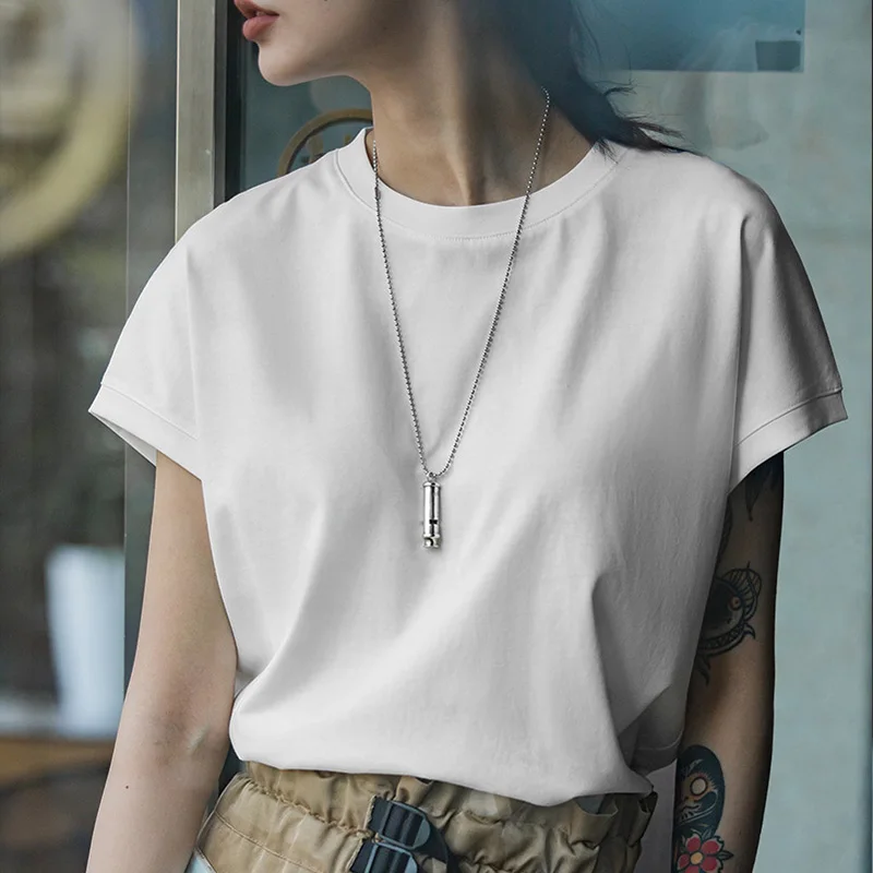 Maden Damen-T-Shirt aus Baumwolle mit Rundhalsausschnitt und kurzen Ärmeln, lockere, überschnittene Schulter, lässiges Layer-T-Shirt, atmungsaktiv, für den täglichen Gebrauch, Sommer