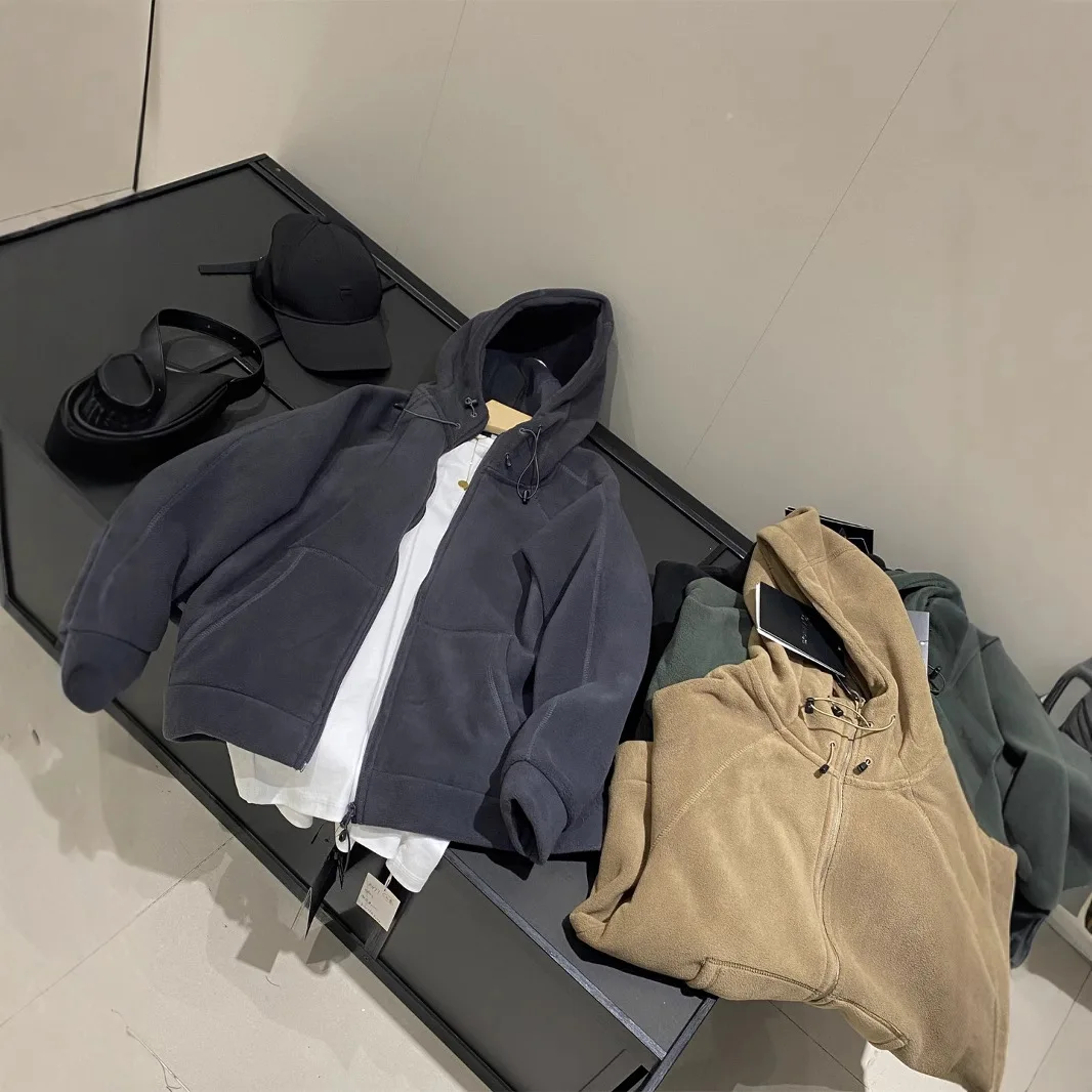 두꺼운 620g 따뜻한 양털 양면 후드 재킷 커플 스타일 겨울 신상 여성 폴로 칼라 긴팔 스웨트셔츠