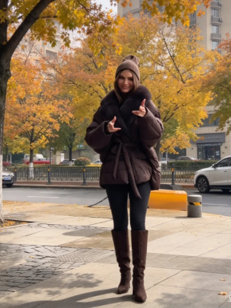 Women Solid Faux Fur Collar Padded Short Jacket Chic Belted Waist Tie Loose Oversized Coat Retro Winter Daily Street Outerwear