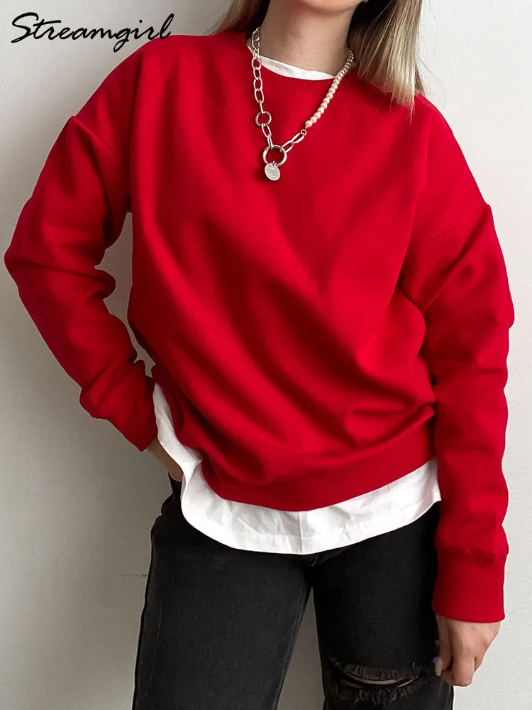 Winter Women Fleece Sweatshirts Oversized Autumn Red Sweatshirt O Neck Warm Pullovers Coffee Loose Sweatshirt For Women Cotton