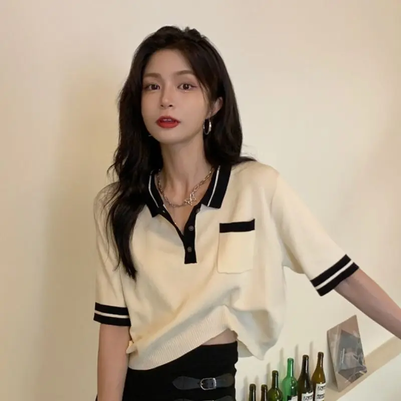 Knitted Short-sleeved T-shirt for Women's Spring Thin 2025 New Design Niche Short