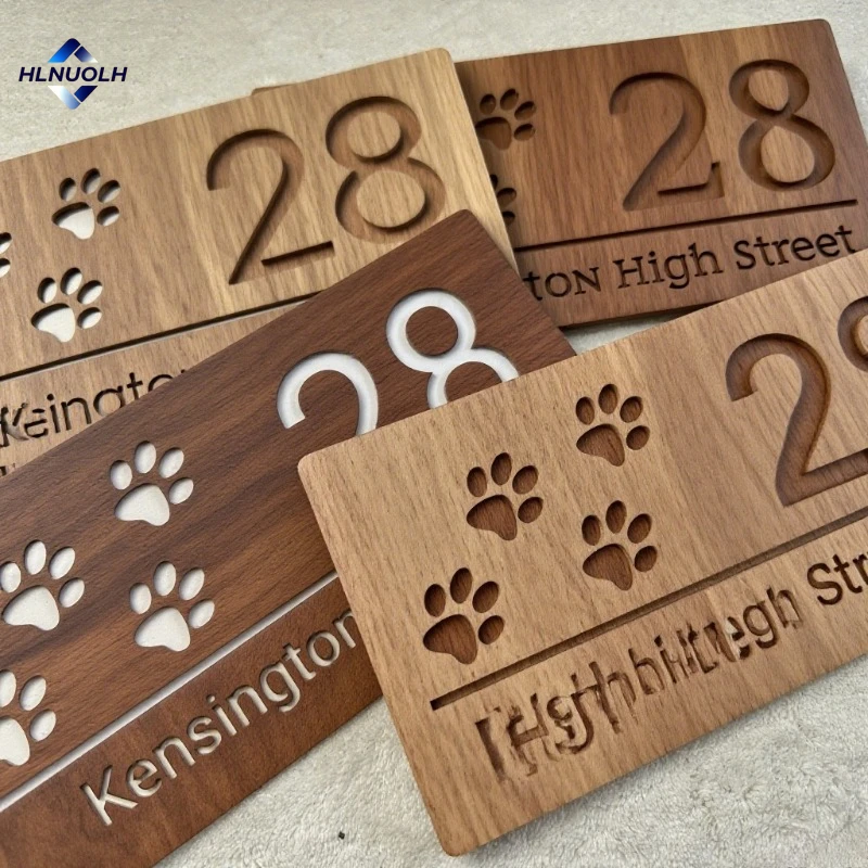 

Custom Wood Retro Door Number Sign – Pet Footprint Laser Cut Wooden House Plaque, Personalized Wall-Mounted Address Decoration