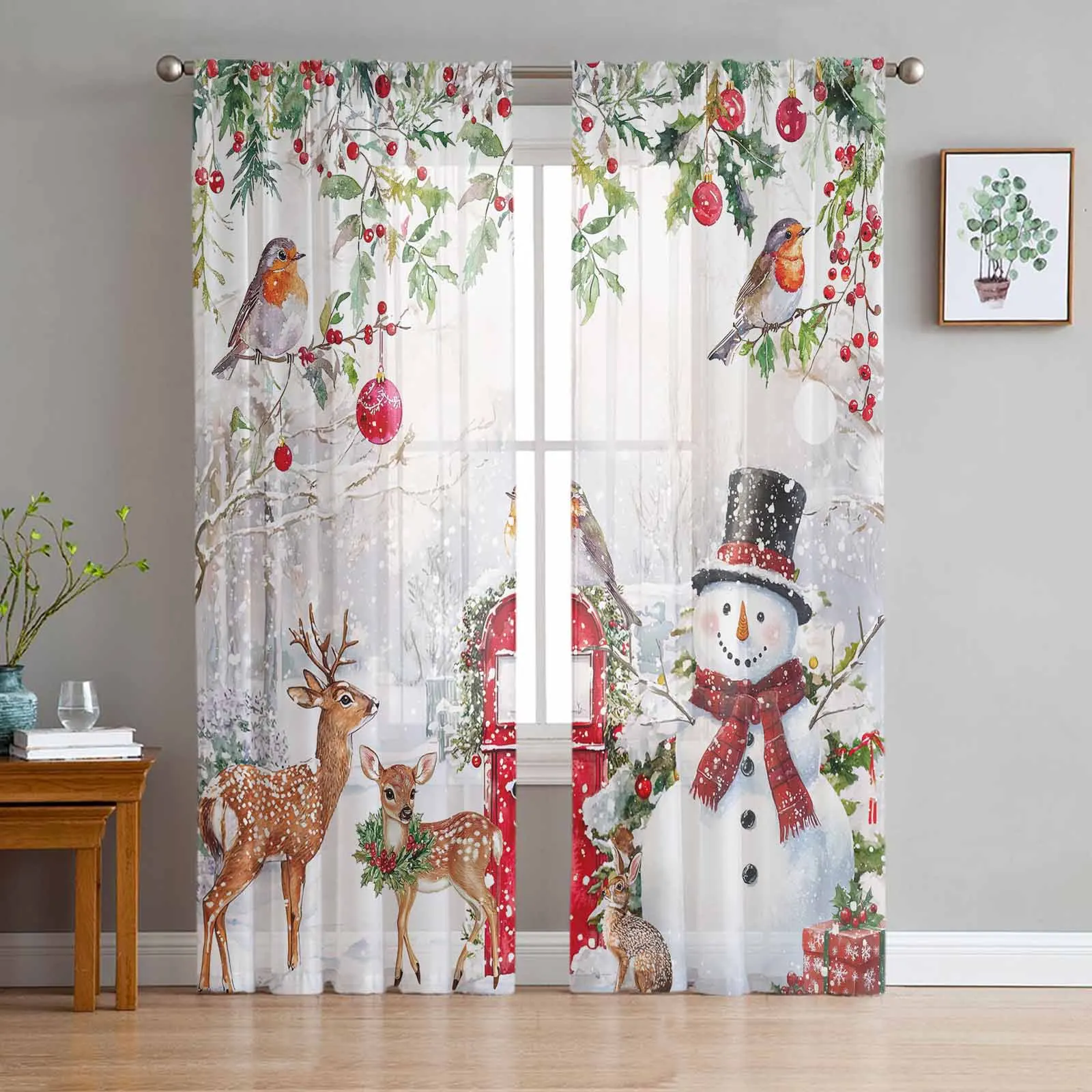 

Christmas Snowman Snow Scene Fawn Rabbit Tulle Curtains for Living Room Decoration Modern Chiffon Sheer Voile Christmas Curtains