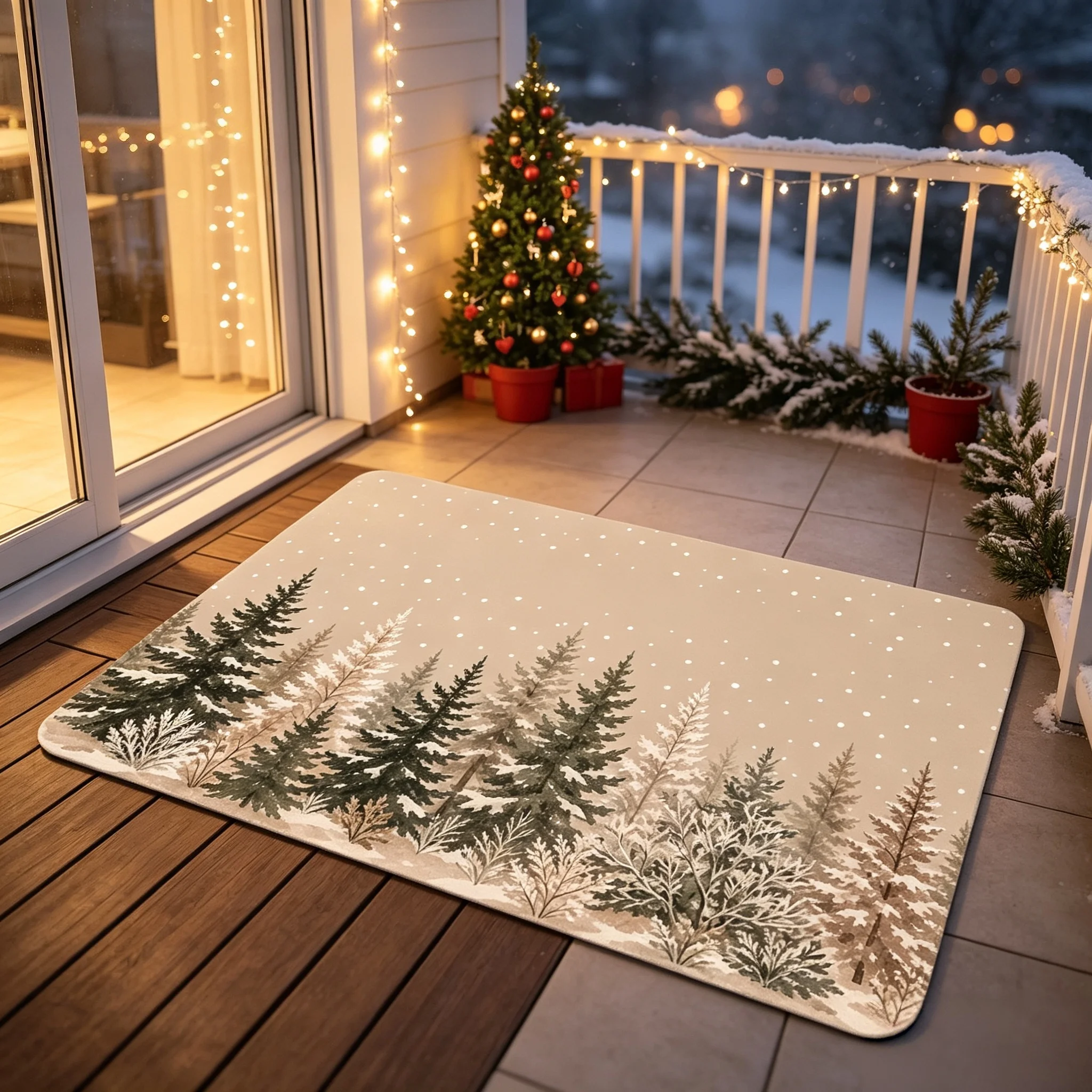 Soft Neutral Winter Pine Christmas Door Mat Watercolor Snow Forest Fir Tree Pattern Rug Entryway Home Accent