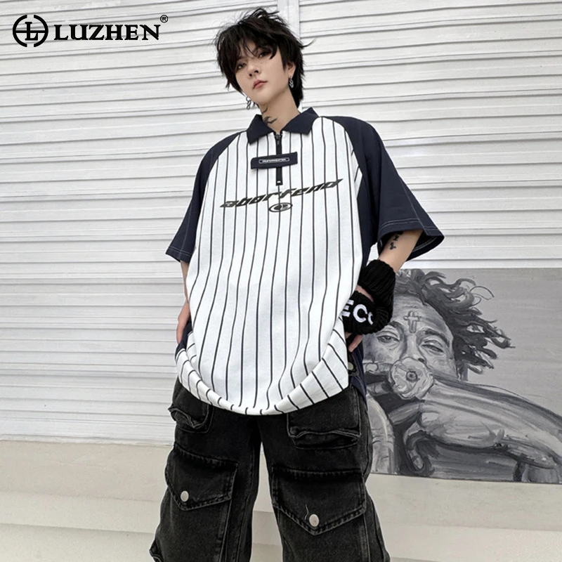 

LUZHEN New Print Stripe Color Contrast Design Fashion Short Sleeve T Shirt Korean Men's Stylish Street Tops Free Shipping LZ3017