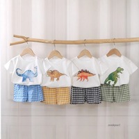 2Pcs Baby Clothes Set Newborn Boys Casual Dinosaur Print Short Sleeved T-shirt+plaid Shorts Toddler Girl Summer Kids Outfit Set