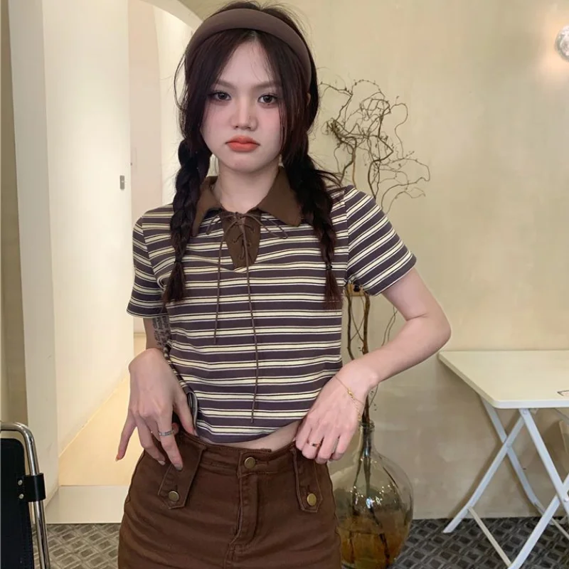 Carino Polo Polo donna estetica Pullover a righe camicie di alta qualità estate bianco Vintage Kawaii cotone marrone Tee femminile