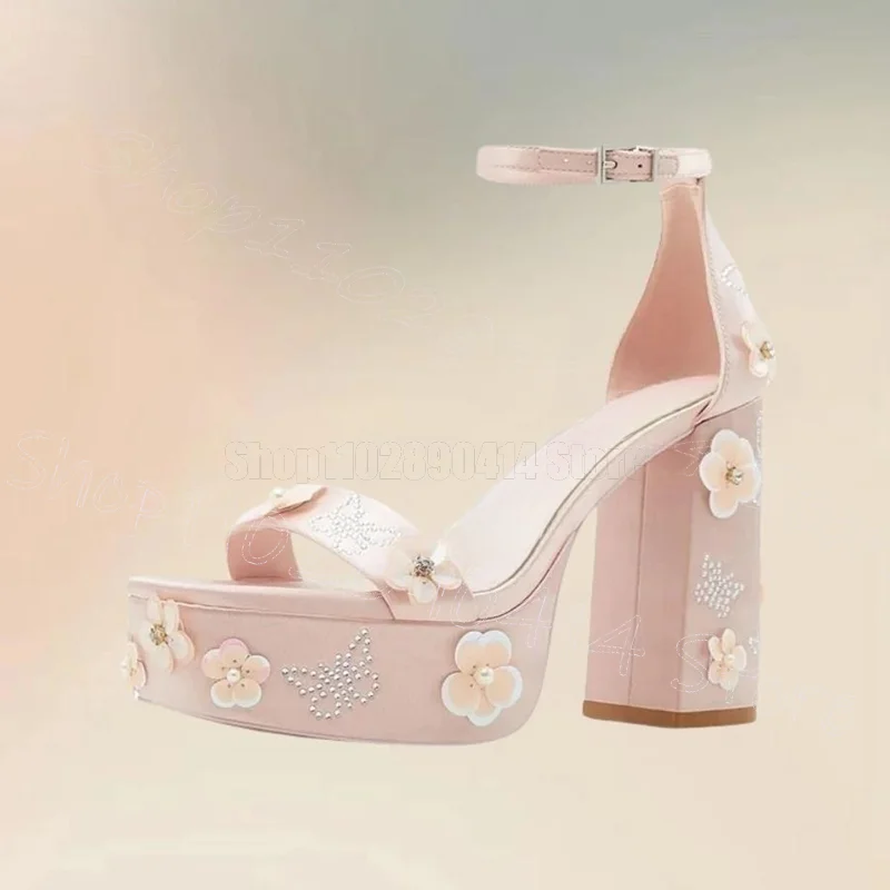 

Pink Appliques Rhinestone Butterfly Sandals Buckle Strap Women Shoes Chunky High Heels New Party Dating 2025 Zapatos Para Mujere