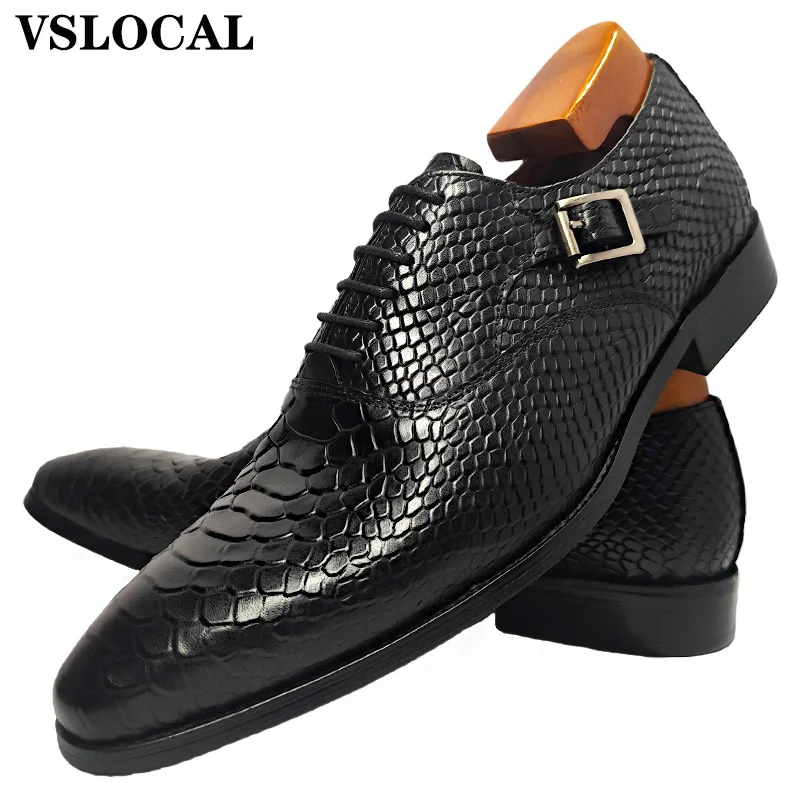Classic Men's Oxford Shoes Lace up Pointed Toe Snake Print Black Coffee Casual Dress Shoes Man Genuine Leather Shoes Men