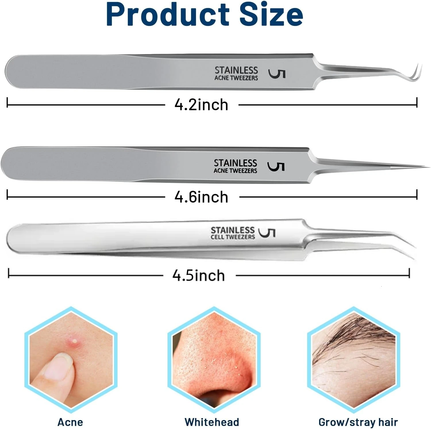 ชุดเครื่องมือกำจัดสิวหัวดำสแตนเลส 3 ชิ้น, คลิปหนีบสิวหัวดำ, แหนบ, เครื่องกำจัดสิวหัวดำบนใบหน้าเพื่อความงาม, เครื่องมือเข็มรักษาสิว