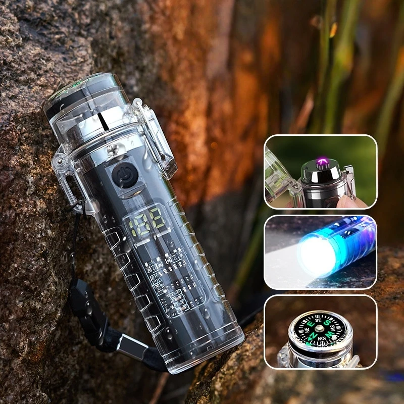 Outdoor Camping Waterproof Compass Dual Arc Type-C Plasma USB Electric Lighter Multi-Function Flashlight Survival Ignition Tool