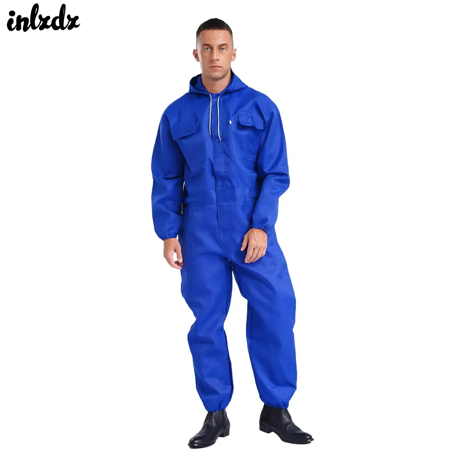 メンズ長袖フード付きオーバーオール,安全服,作業服,フロントジッパー,ポケット付きボタン,カバーオール