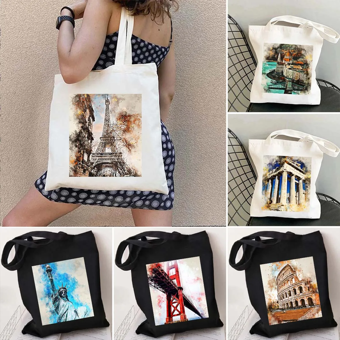 

New York Paris Ankara London Budapest Madrid Cairo Watercolor Ink Painting Shoulder Canvas Tote Bag Eco Shopper Shopping Handbag