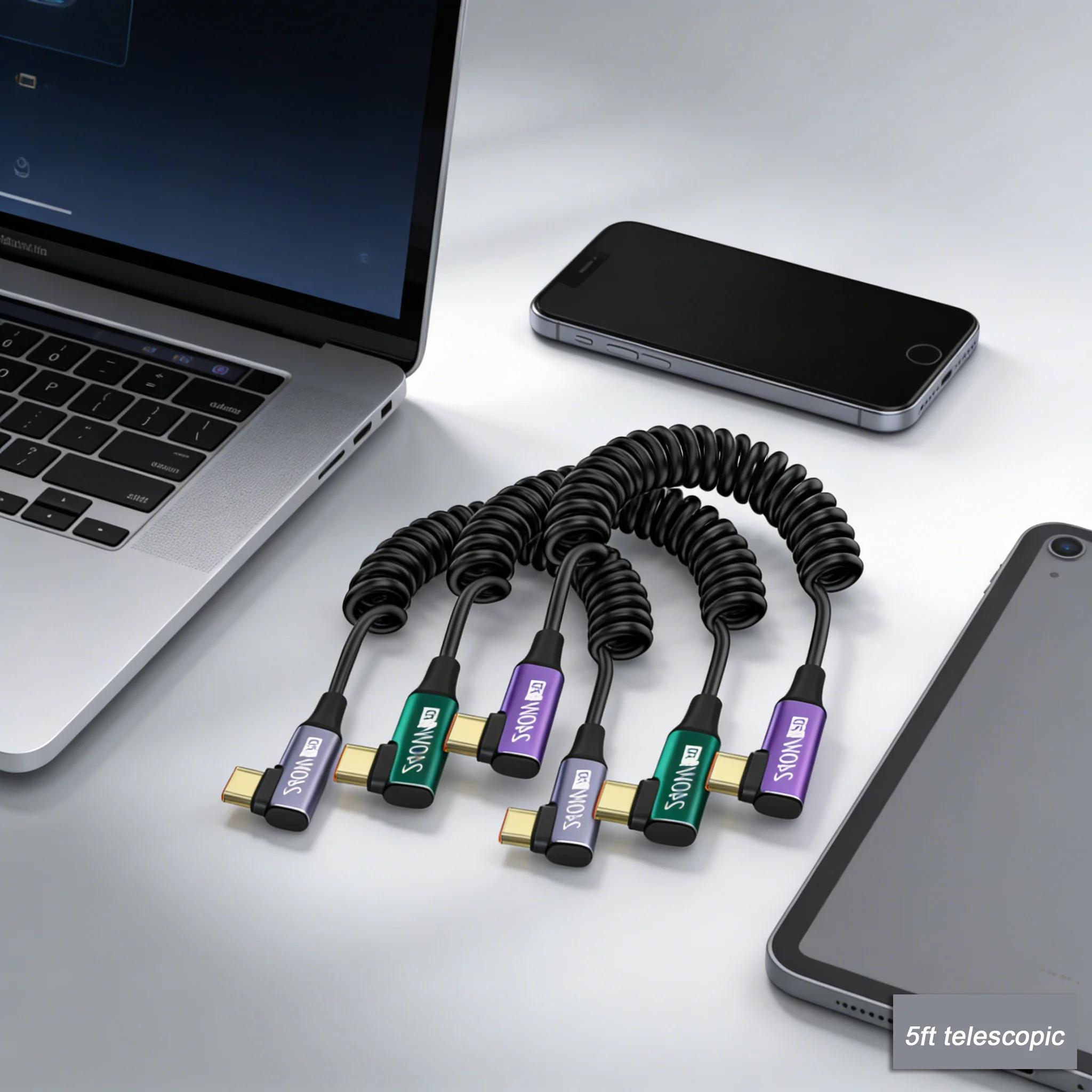 USB-C to USB-C Coiled Cable with PD240W Fast Charging Retractable Design, Tangle-Free, Portable Data Transfer Cable
