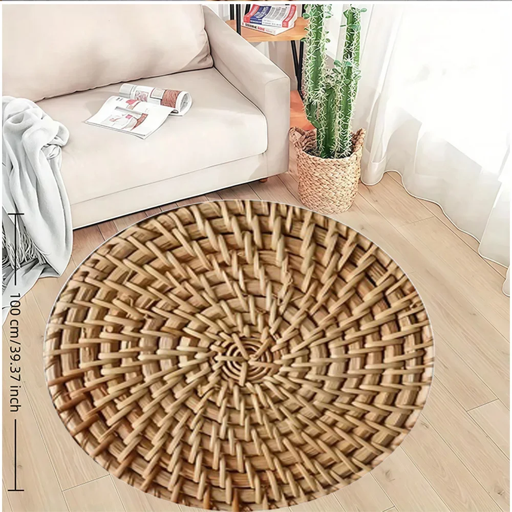 Woven Rattan Pattern Round Area Rug - 2D Printed Non-Slip Floor Mat for Boho Living Room & Yoga Meditation, 1PC