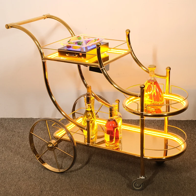 Fashion Royal Style Cart Trolley Hotel KTV Customized Commercial Stainless Steel 3 Layer Mobile Drinks Service Trolley
