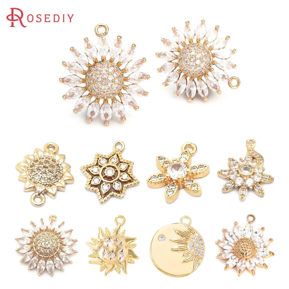 High Quality 18K Gold Color Brass and Zircon SunFlower Charms Pendants Jewelry Making Supplies Diy Findings Accessories