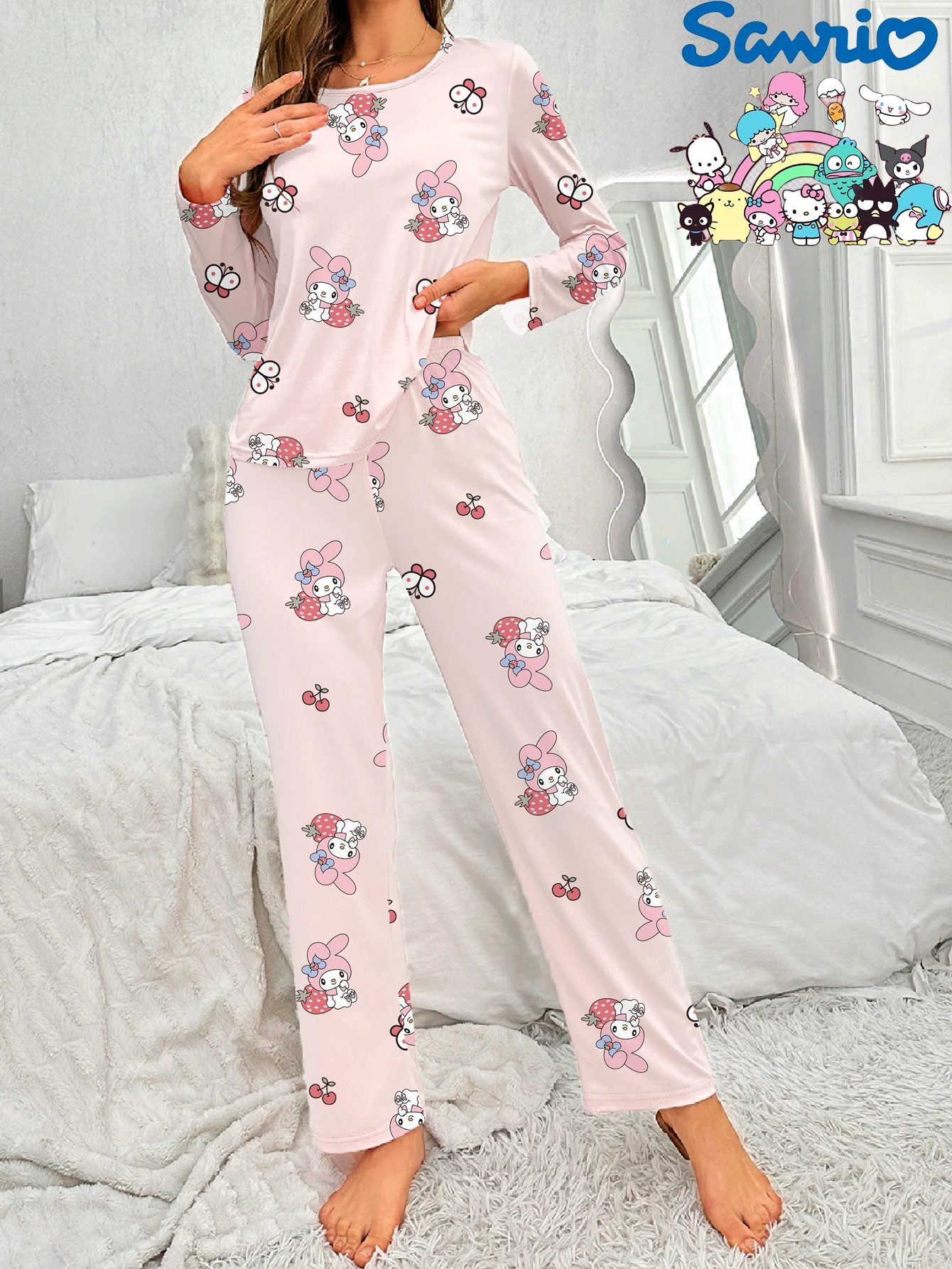 

Sanrio Melody Strawberry Long Sleeve Trousers Crew Neck Cartoon Cute Casual Pajamas Homewear Set
