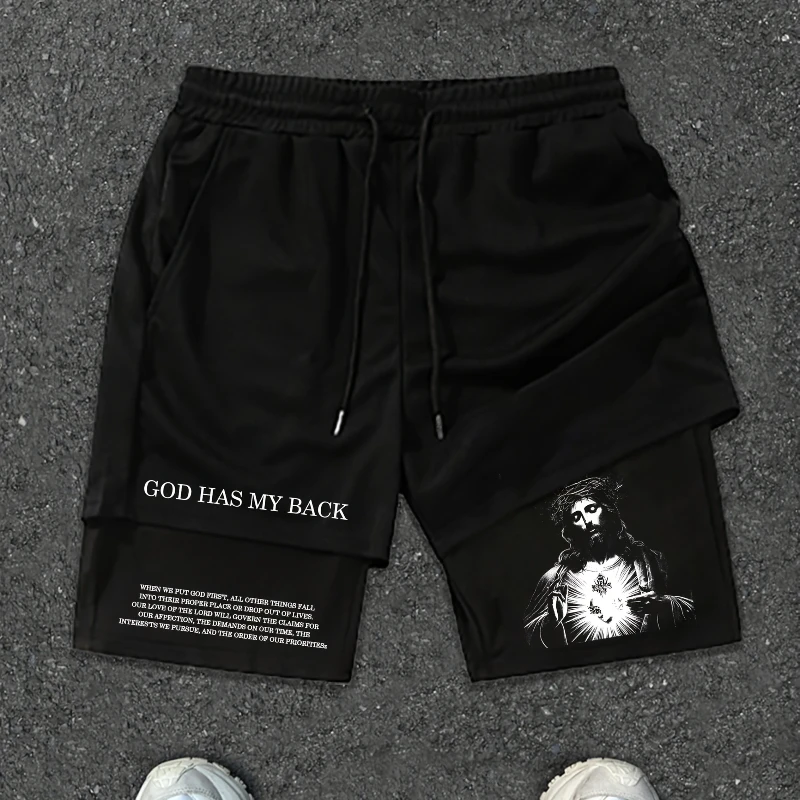 

Men's casual shorts with Jesus and "GOD HAS MY BACK" printed on them. Suitable for running, training and fitness in all seasons.