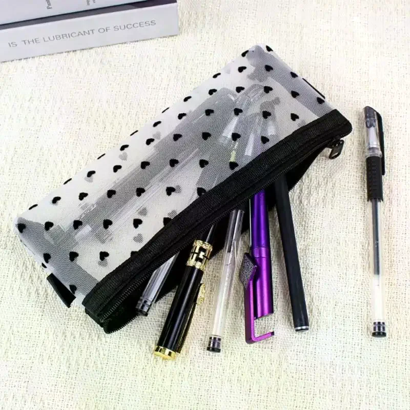 /Kuz/3Pcs Heart Print Mesh Makeup Brush Organizer Set Transparent Nylon Pouches For Brushes, Cosmetics & Small Items