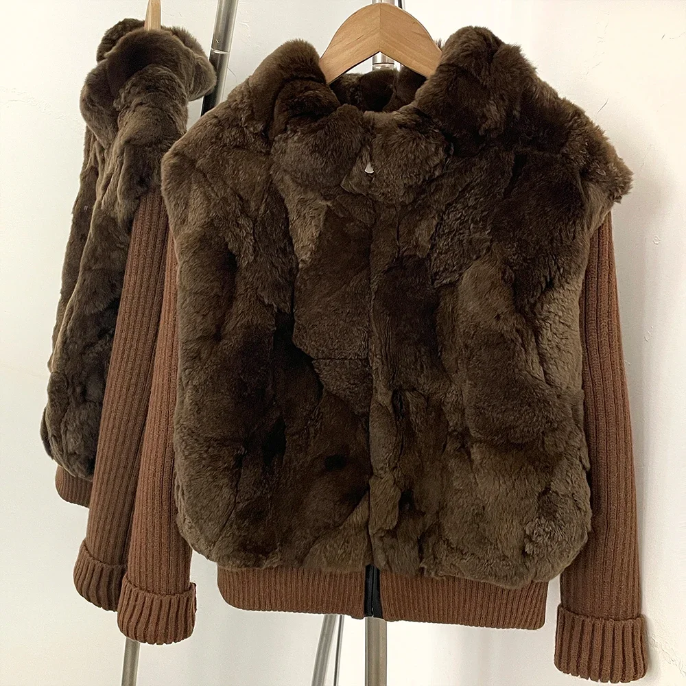 OFTBUY Echter Rex-Kaninchenfellmantel, kurz, neue Winter-Warmkleidung, Damen, Strickärmel, Patchwork, Stehkragen, Reißverschluss, Pelzjacke für Damen – Detail 11