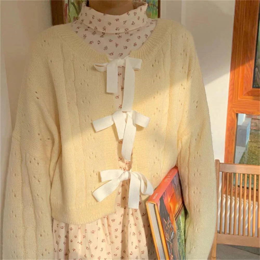 Fall 2023 Light Yellow Cropped Cardigan Women Sweet Loose Lace Up Knitted Sweater Jackets Female Hollow Tops Woman Clothing