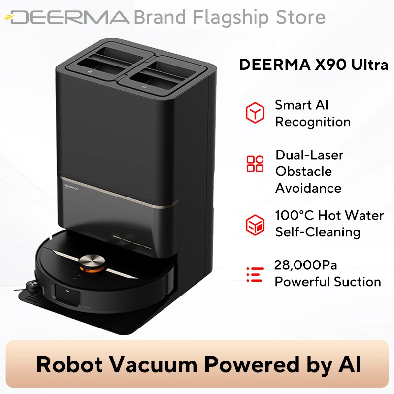 DEERMA X90 Ultra AI-aangedreven stofzuiger 28.000 Pa krachtige zuigkracht 100 ° C warm water dubbele sproeier zelfreinigend