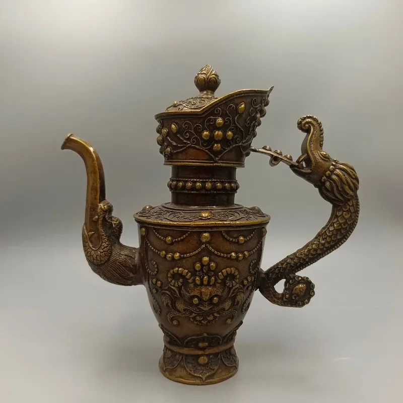 Vintage Brass Dragon Handle Teapot Antique Metal Kettle Ornament Home Decor Craft Gift Unique Design for Living Room Display
