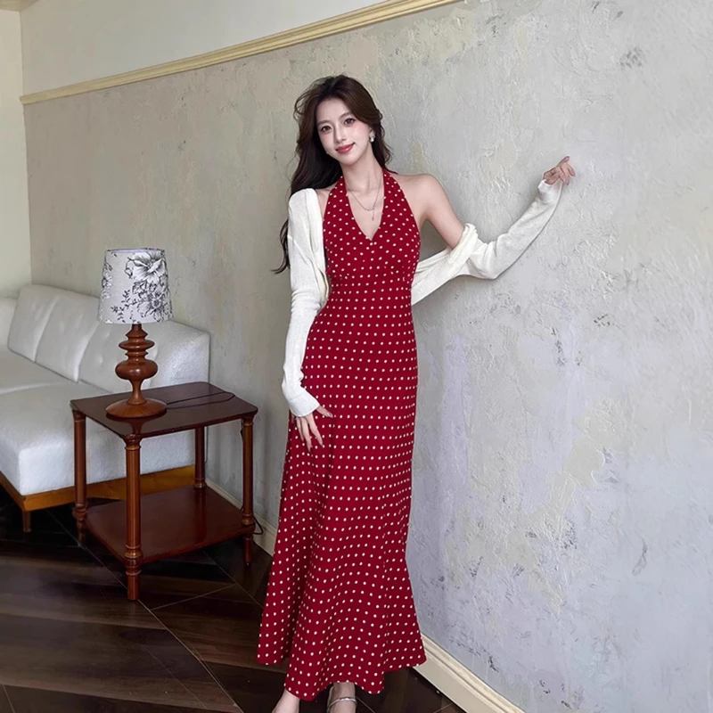 

French Retro Sweetheart V-neck Red Polka Dot Halter Neck Dress for Women, Summer Backless Tie-Strap Sleeveless Long Dress.