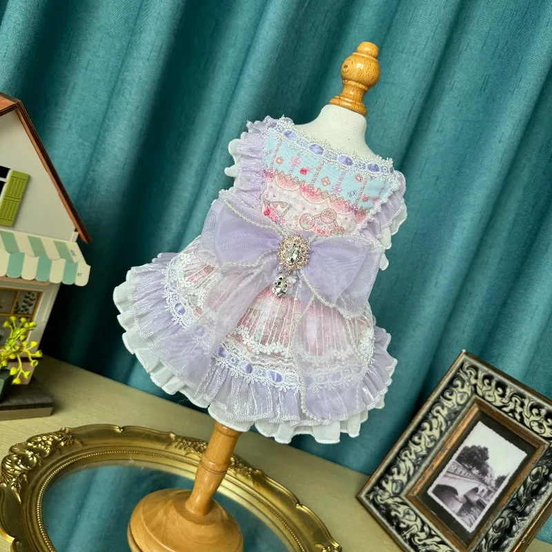 Handmade Pet Lolita Dress Delicate Lace Details Gem Decorated Bow Ruffled Hem Flowy Tulle Dress Elegant Daily Celebration Outfit